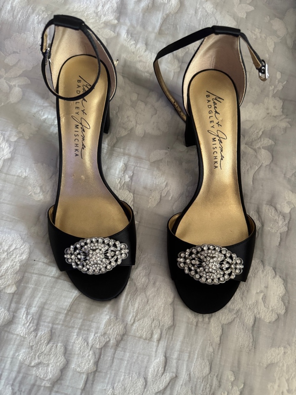 Badgley Mischka Black Satin Crystal-Embellished Ankle-Strap Heels